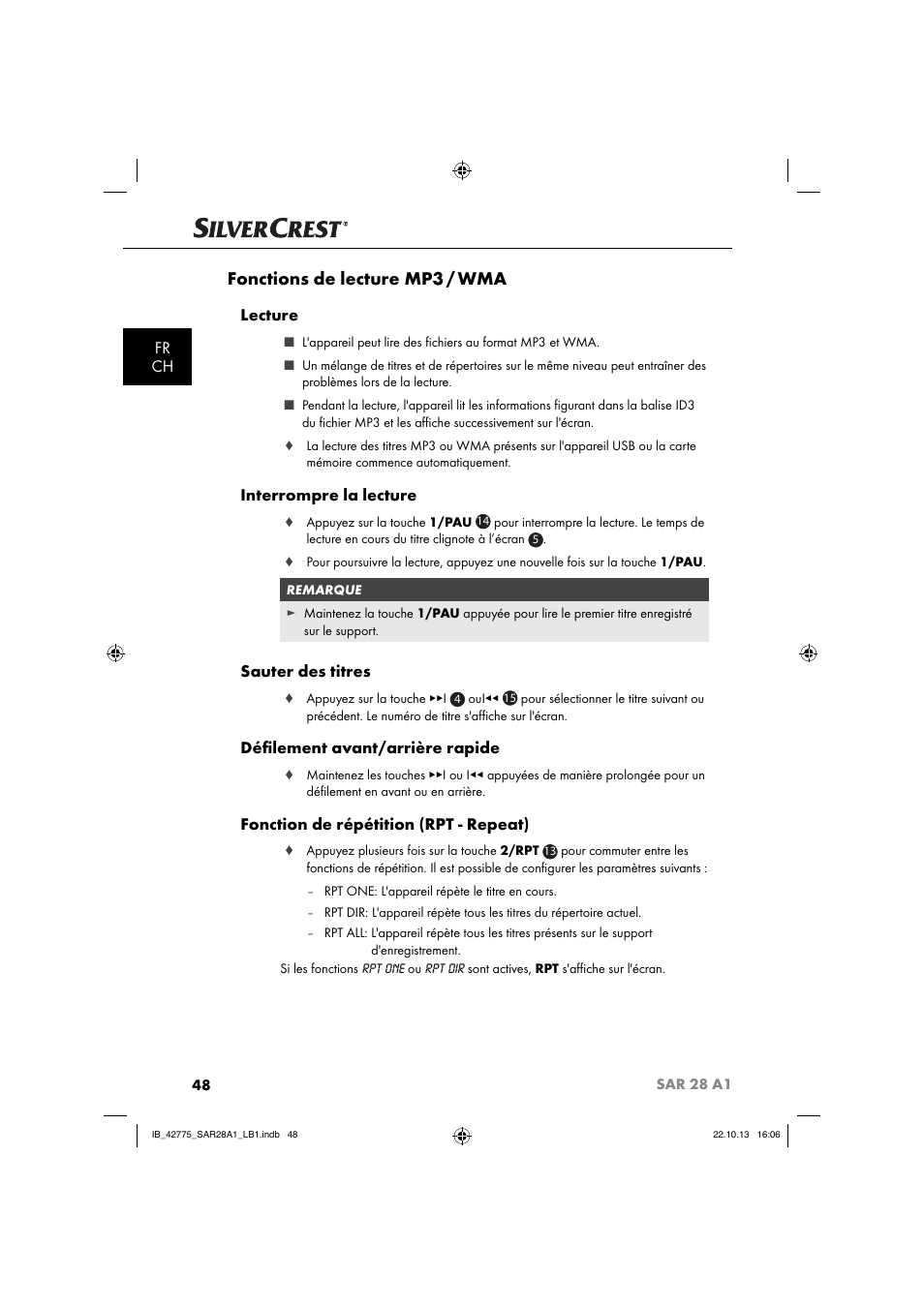 Fonctions de lecture mp3 / wma, Fr ch, Lecture | Interrompre la lecture, Sauter des titres, Déﬁ lement avant/arrière rapide, Fonction de répétition (rpt - repeat) | Silvercrest SAR 28 A1 User Manual | Page 52 / 145