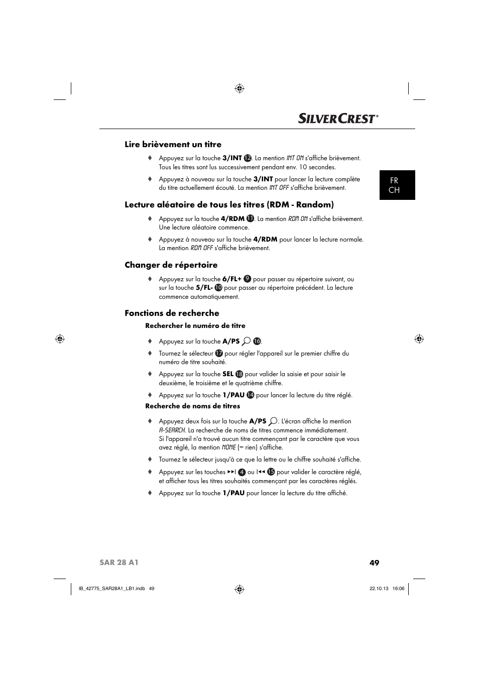 Fr ch lire brièvement un titre, Changer de répertoire, Fonctions de recherche | Silvercrest SAR 28 A1 User Manual | Page 53 / 145