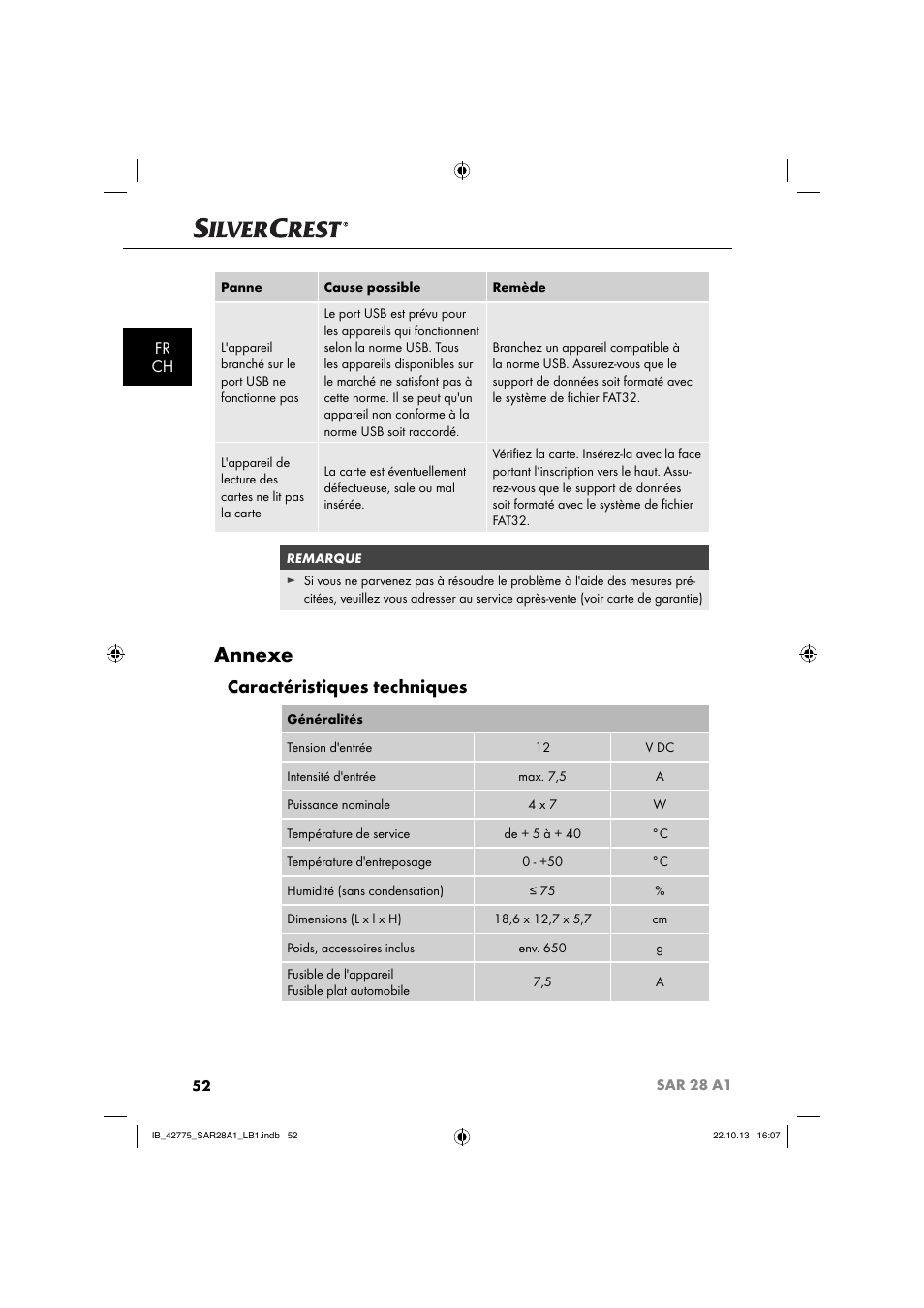 Annexe, Caractéristiques techniques, Fr ch | Silvercrest SAR 28 A1 User Manual | Page 56 / 145