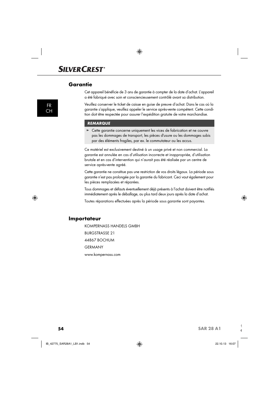 Garantie, Importateur, Fr ch | Silvercrest SAR 28 A1 User Manual | Page 58 / 145