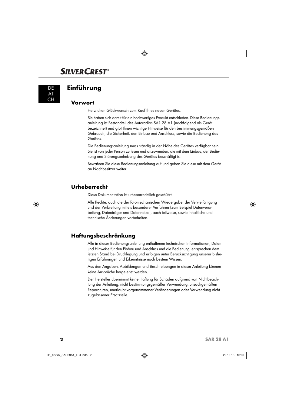 Einführung, Vorwort, Urheberrecht | Haftungsbeschränkung, De at ch | Silvercrest SAR 28 A1 User Manual | Page 6 / 145