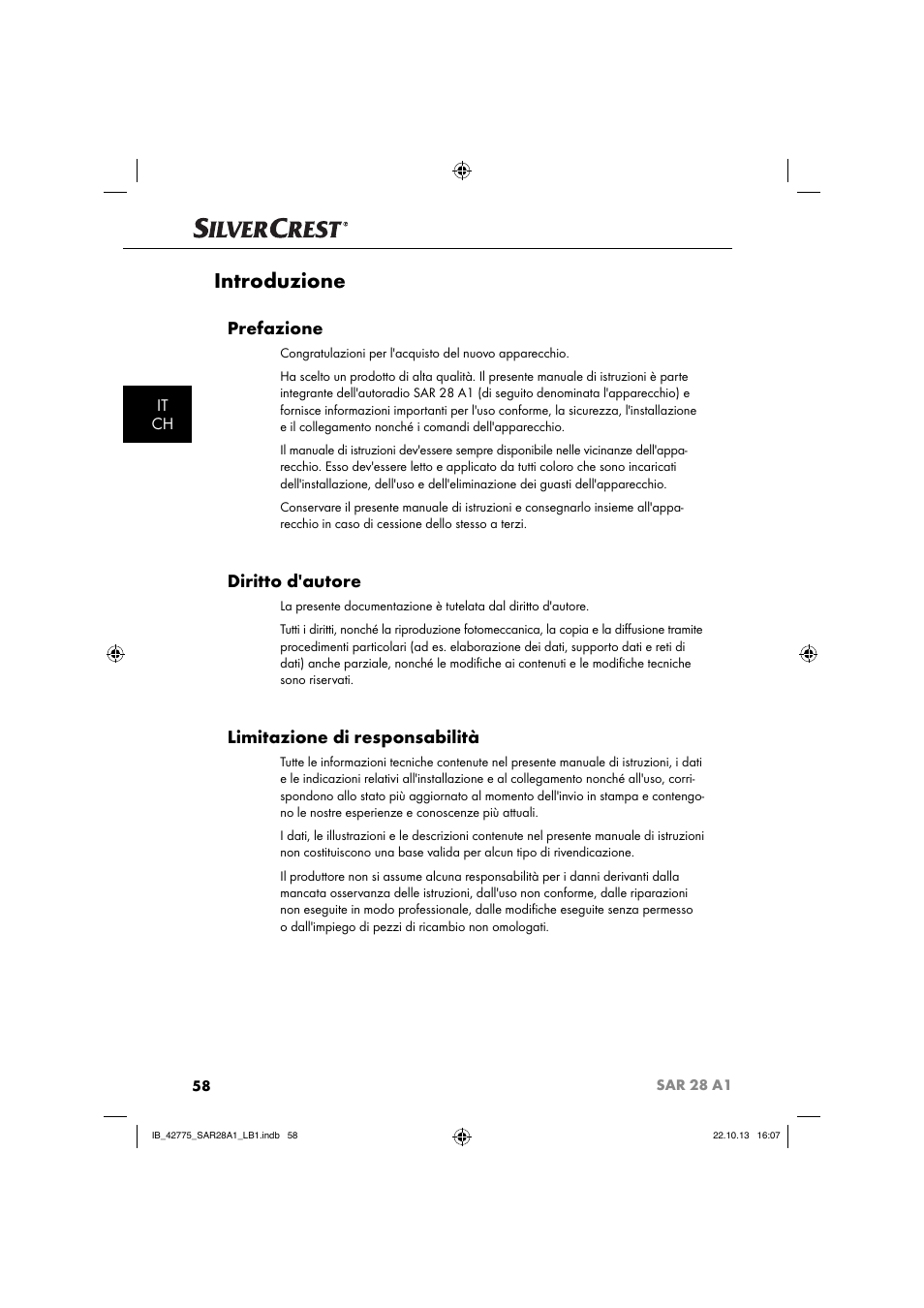 Introduzione, Prefazione, Diritto d'autore | Limitazione di responsabilità, It ch | Silvercrest SAR 28 A1 User Manual | Page 62 / 145