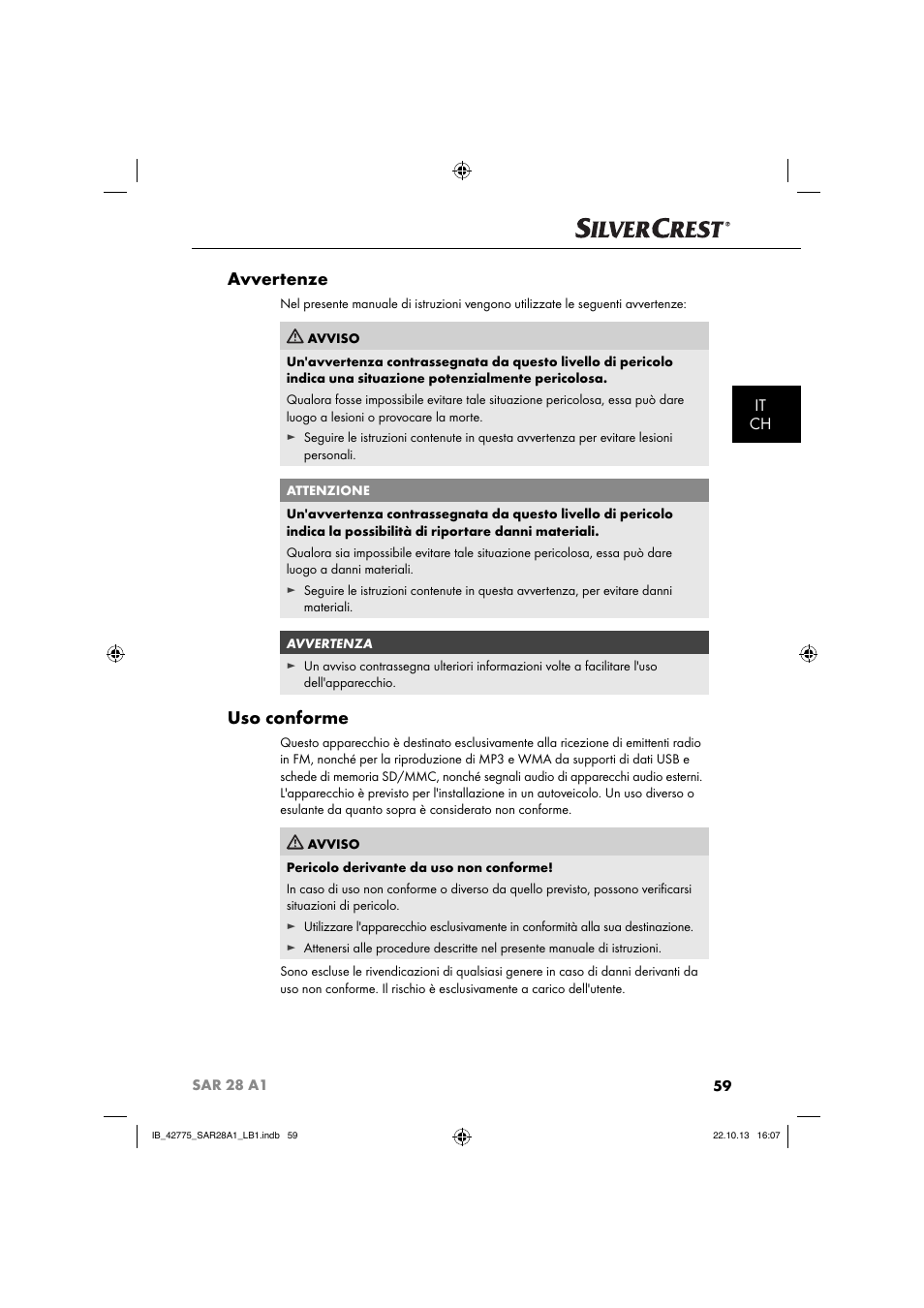 Avvertenze, Uso conforme, It ch | Silvercrest SAR 28 A1 User Manual | Page 63 / 145