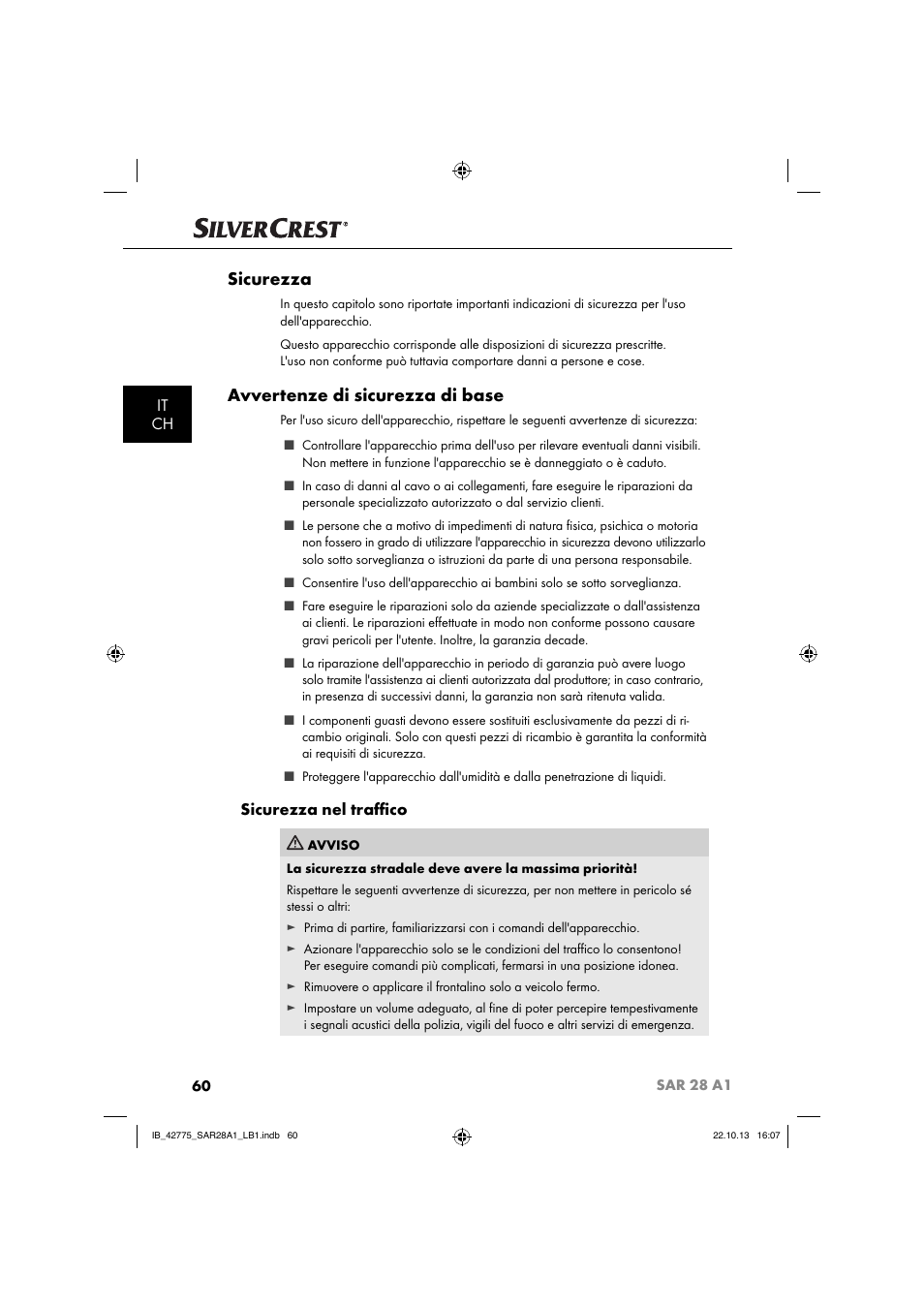 Sicurezza, Avvertenze di sicurezza di base, It ch | Sicurezza nel traﬃ co | Silvercrest SAR 28 A1 User Manual | Page 64 / 145