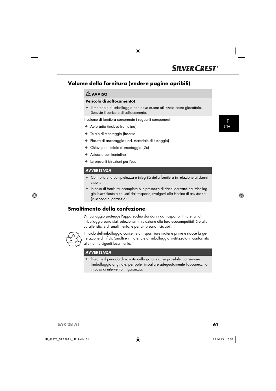 Volume della fornitura (vedere pagine apribili), Smaltimento della confezione, It ch | Silvercrest SAR 28 A1 User Manual | Page 65 / 145