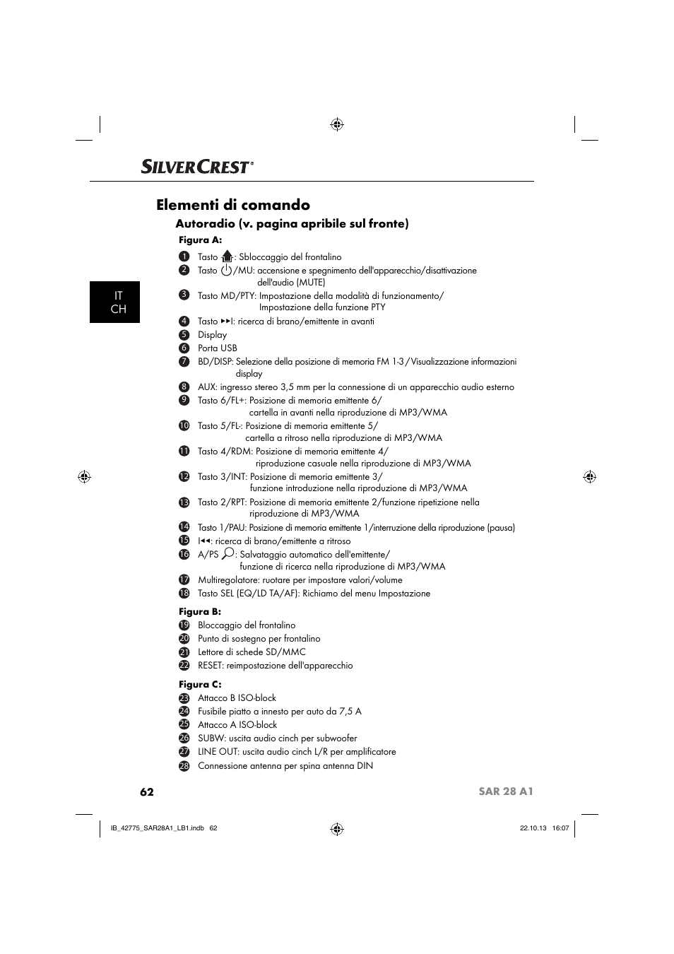 Elementi di comando, It ch, Autoradio (v. pagina apribile sul fronte) | Silvercrest SAR 28 A1 User Manual | Page 66 / 145