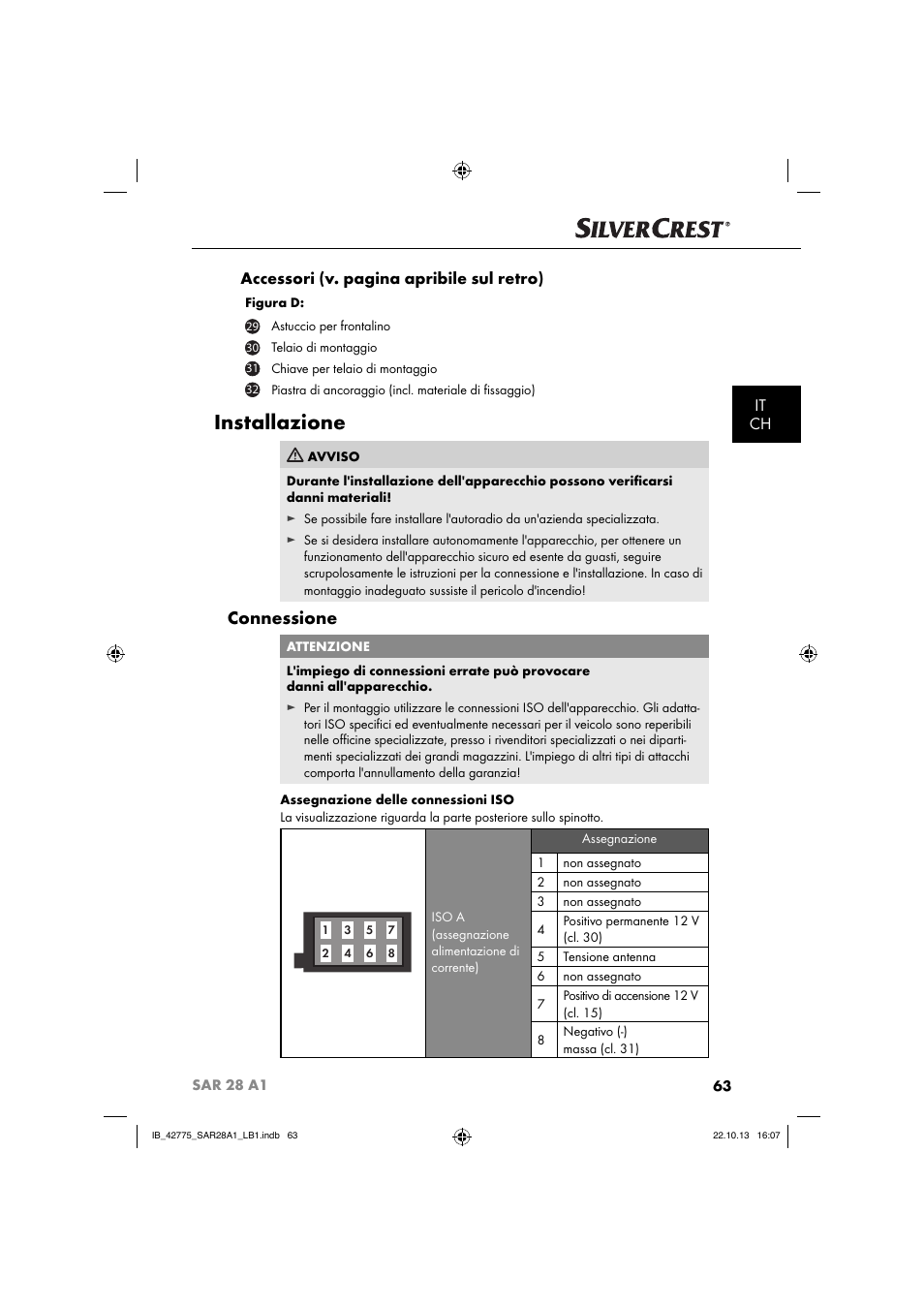 Installazione, Connessione, It ch accessori (v. pagina apribile sul retro) | Silvercrest SAR 28 A1 User Manual | Page 67 / 145