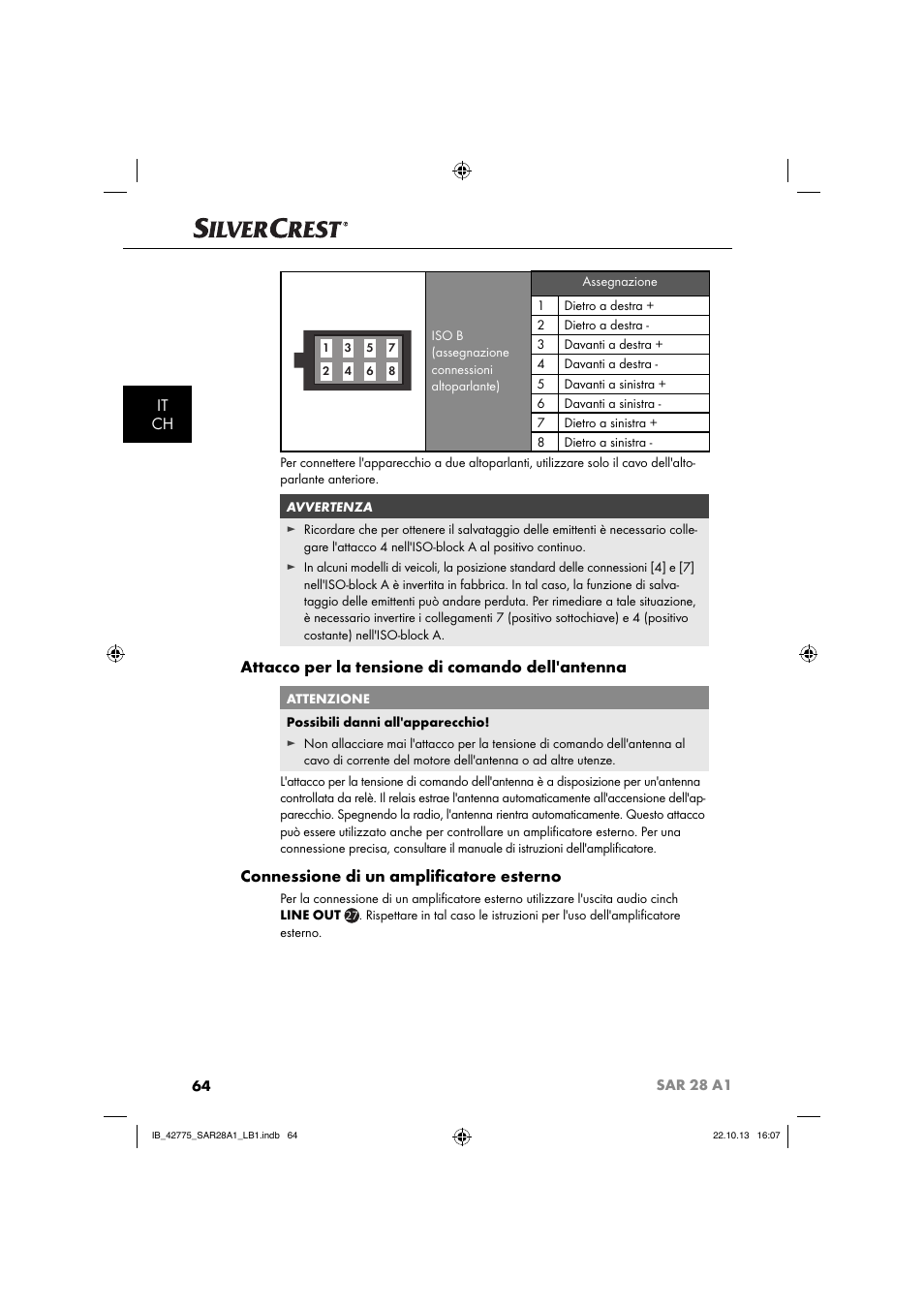 It ch, Attacco per la tensione di comando dell'antenna, Connessione di un ampliﬁ catore esterno | Silvercrest SAR 28 A1 User Manual | Page 68 / 145