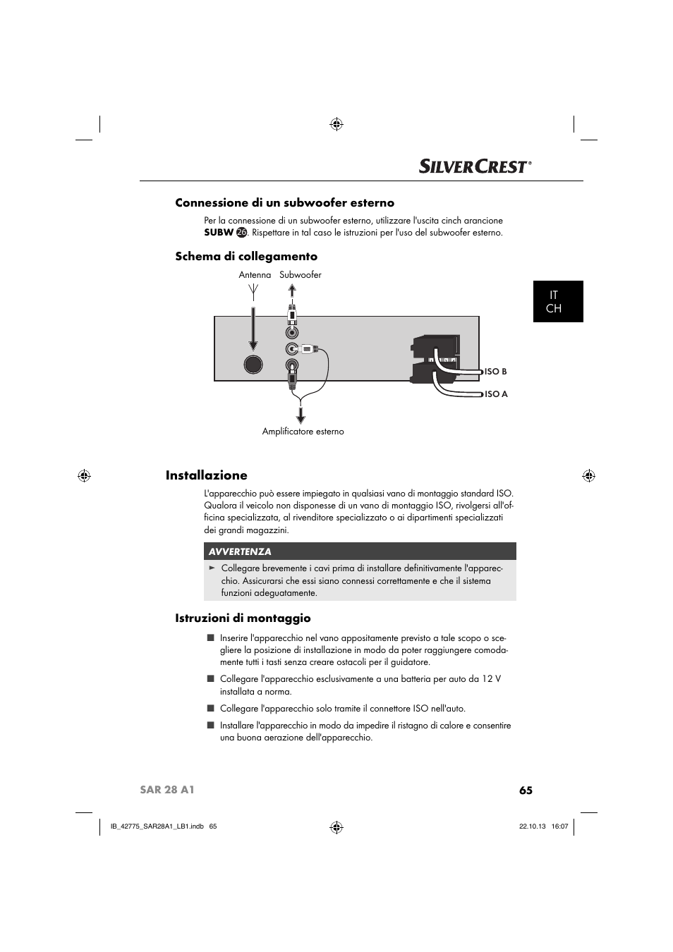 Installazione, It ch connessione di un subwoofer esterno, Schema di collegamento | Istruzioni di montaggio | Silvercrest SAR 28 A1 User Manual | Page 69 / 145