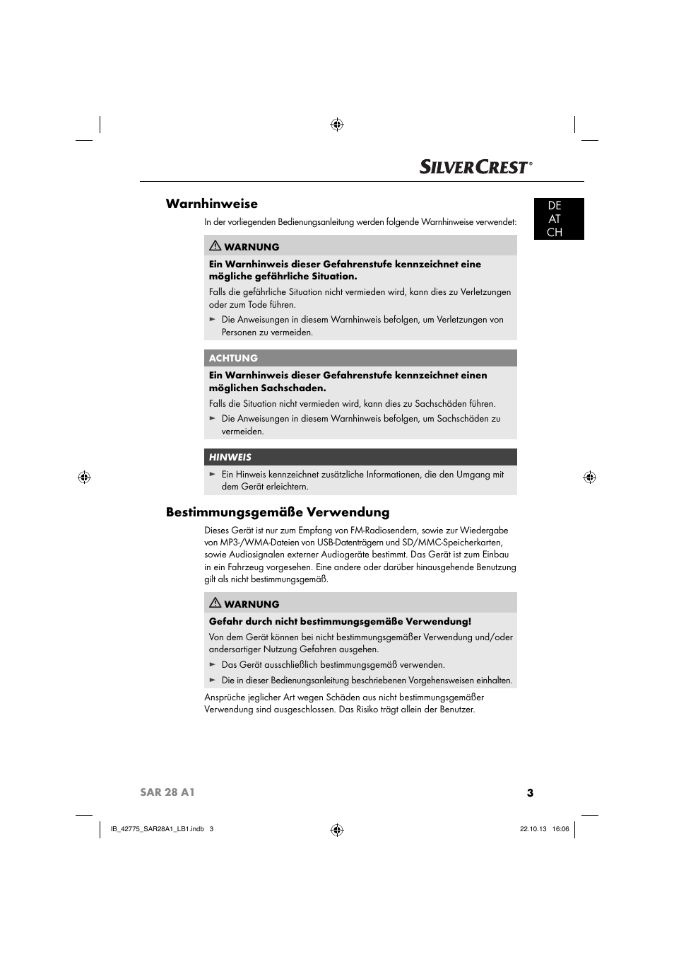 Warnhinweise, Bestimmungsgemäße verwendung, De at ch | Silvercrest SAR 28 A1 User Manual | Page 7 / 145