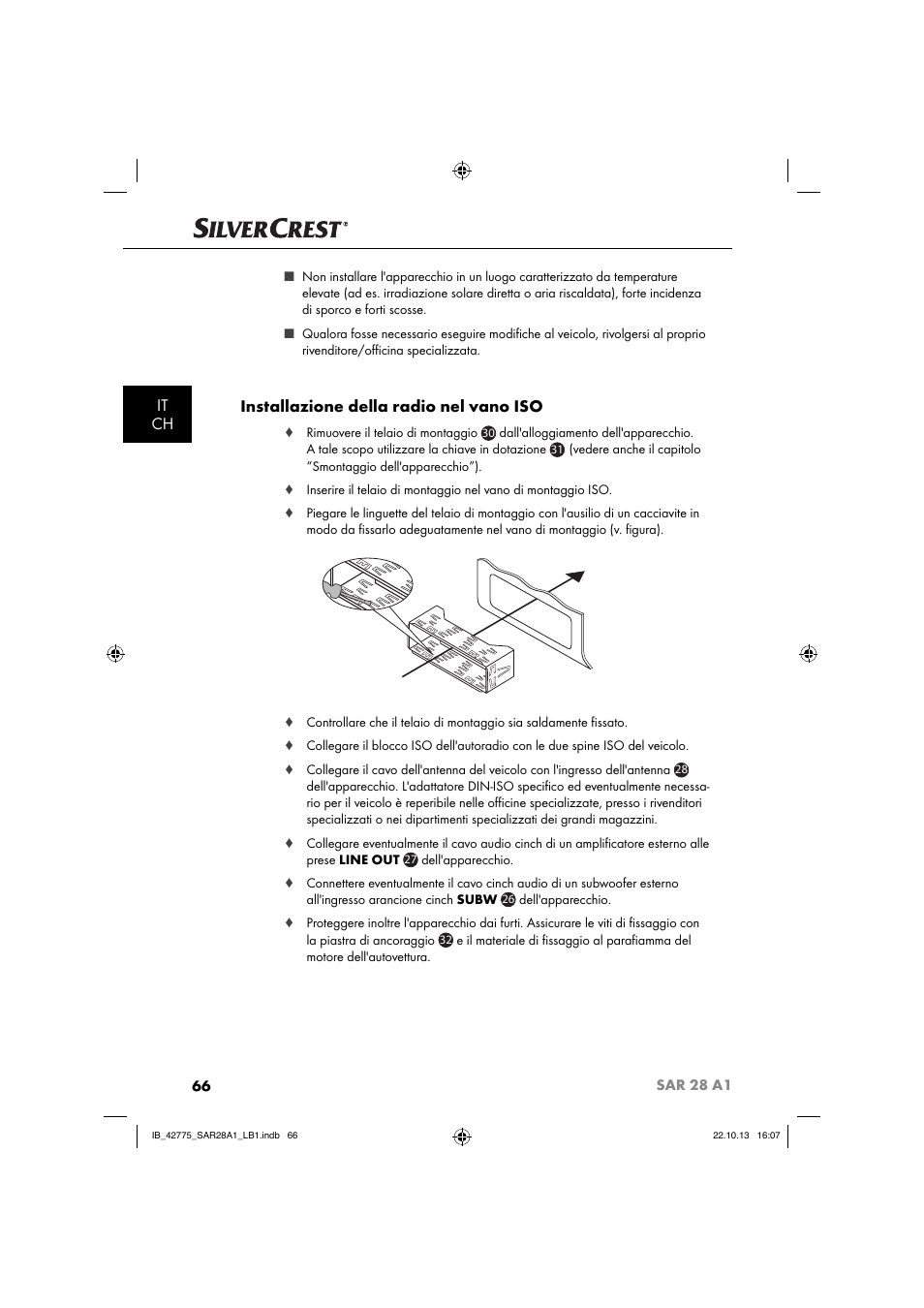 It ch, Installazione della radio nel vano iso | Silvercrest SAR 28 A1 User Manual | Page 70 / 145