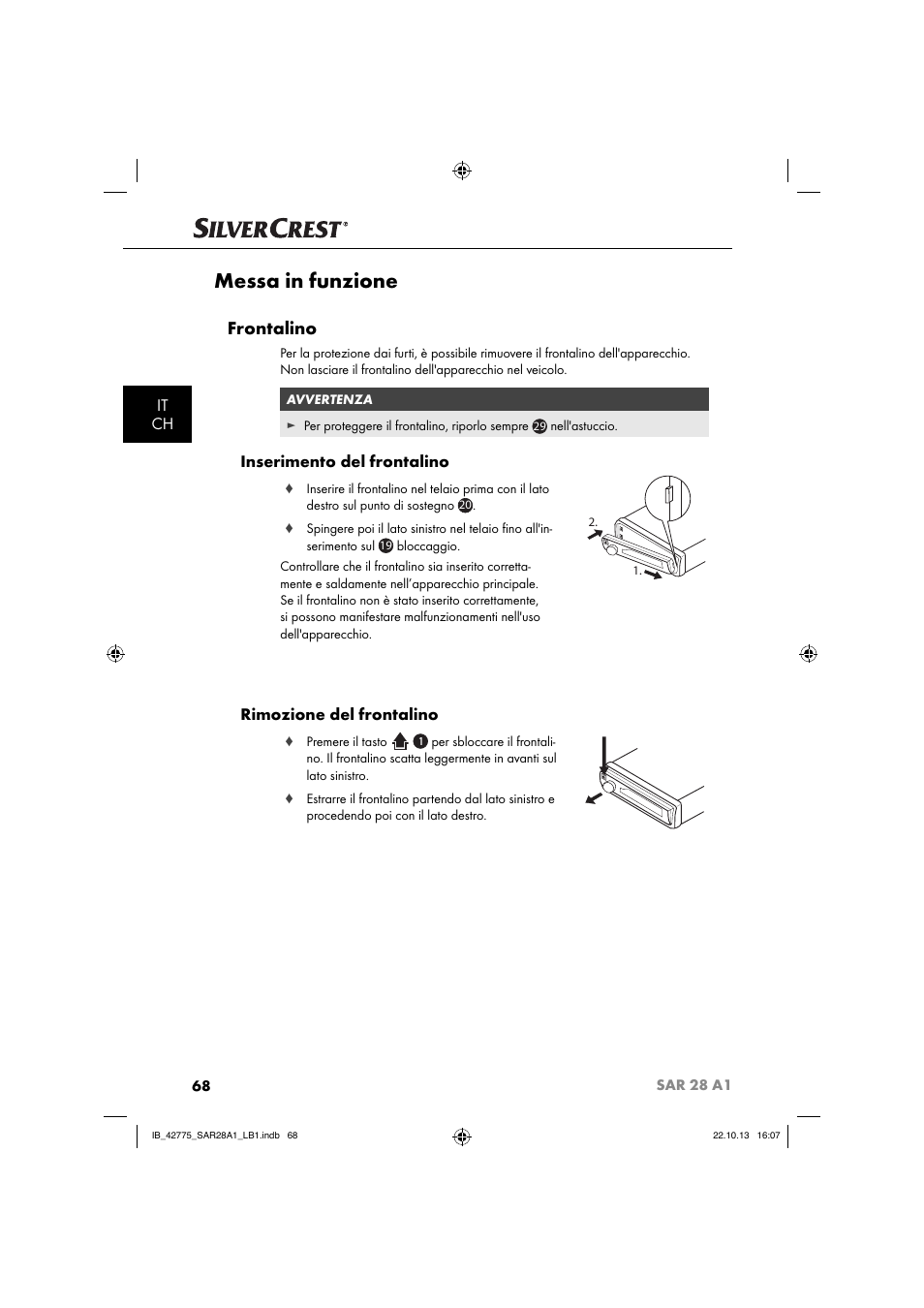 Messa in funzione, Frontalino, It ch | Inserimento del frontalino, Rimozione del frontalino | Silvercrest SAR 28 A1 User Manual | Page 72 / 145