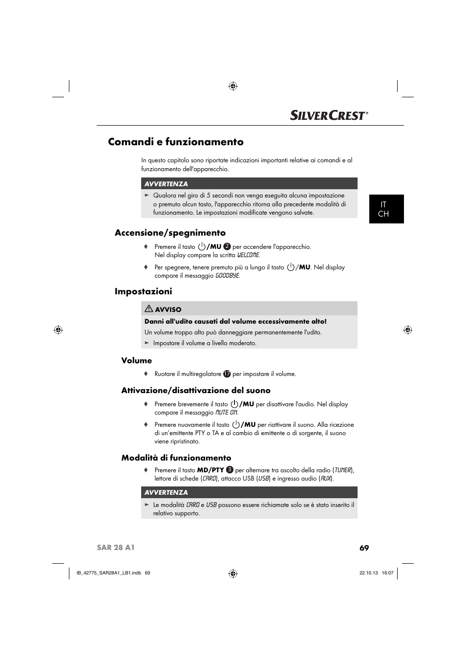 Comandi e funzionamento, Accensione/spegnimento, Impostazioni | It ch, Volume, Attivazione/disattivazione del suono, Modalità di funzionamento | Silvercrest SAR 28 A1 User Manual | Page 73 / 145