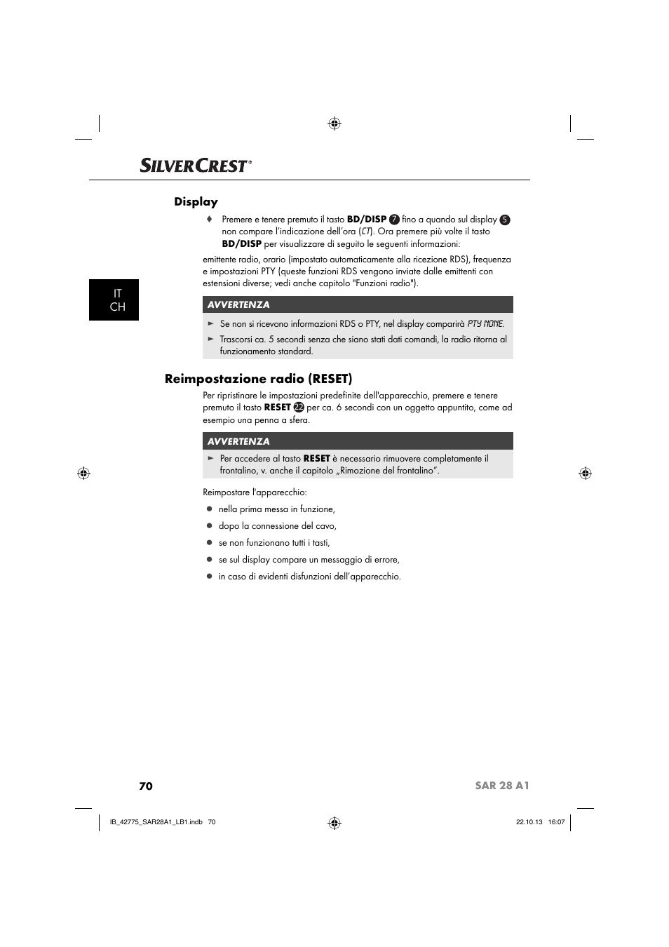 Reimpostazione radio (reset), It ch display | Silvercrest SAR 28 A1 User Manual | Page 74 / 145