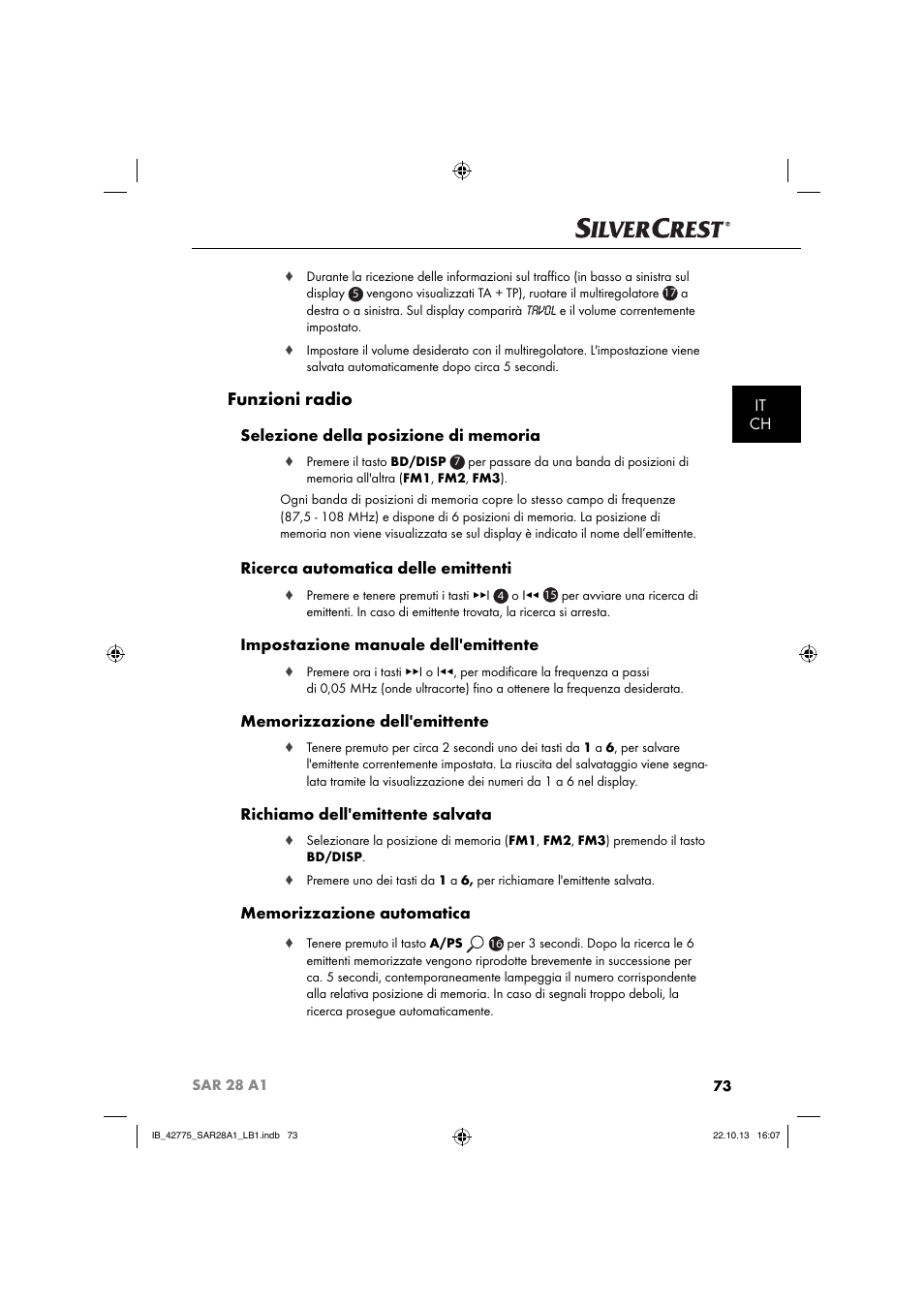 Funzioni radio, It ch, Ricerca automatica delle emittenti | Impostazione manuale dell'emittente, Richiamo dell'emittente salvata | Silvercrest SAR 28 A1 User Manual | Page 77 / 145