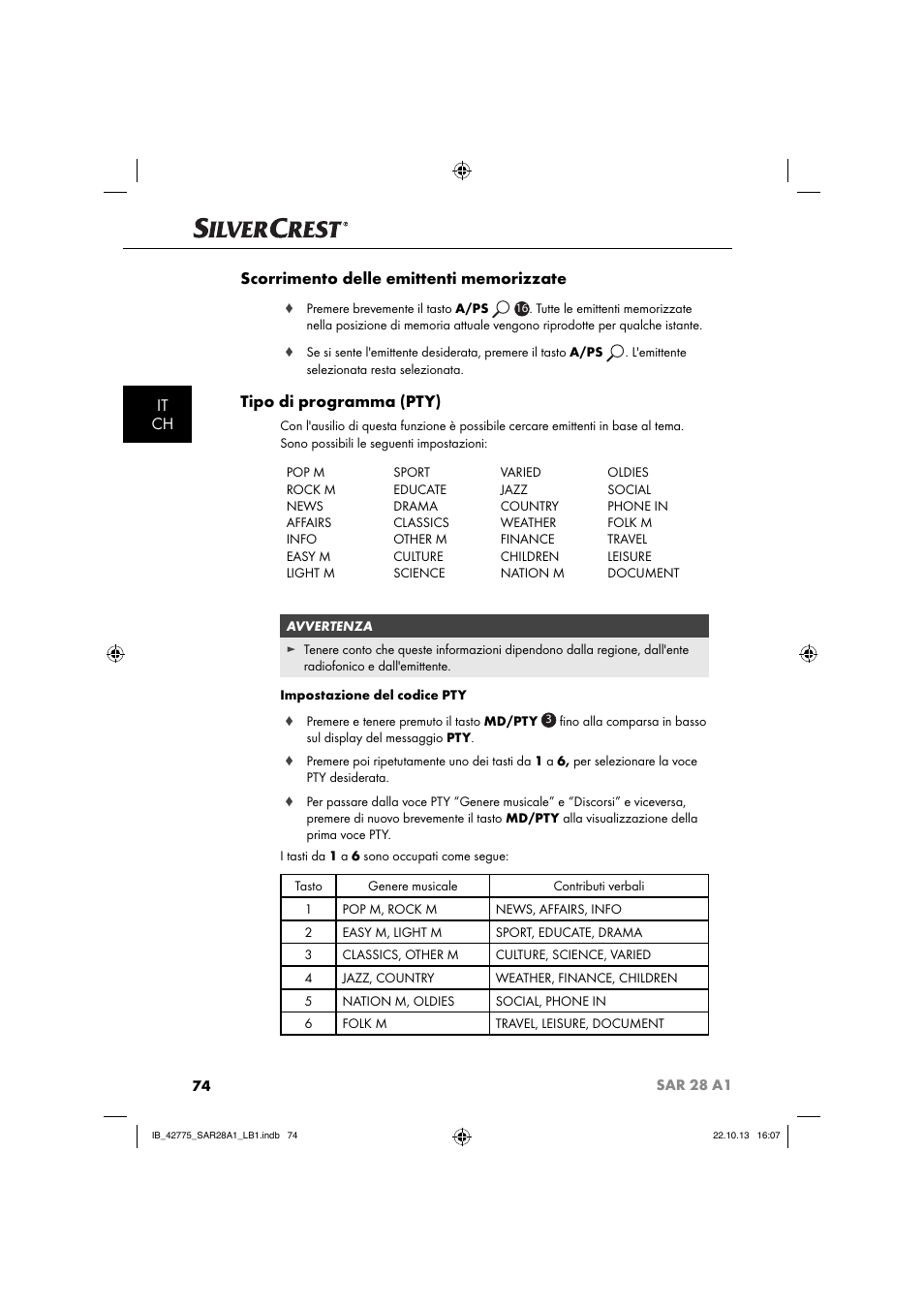 Tipo di programma (pty) | Silvercrest SAR 28 A1 User Manual | Page 78 / 145