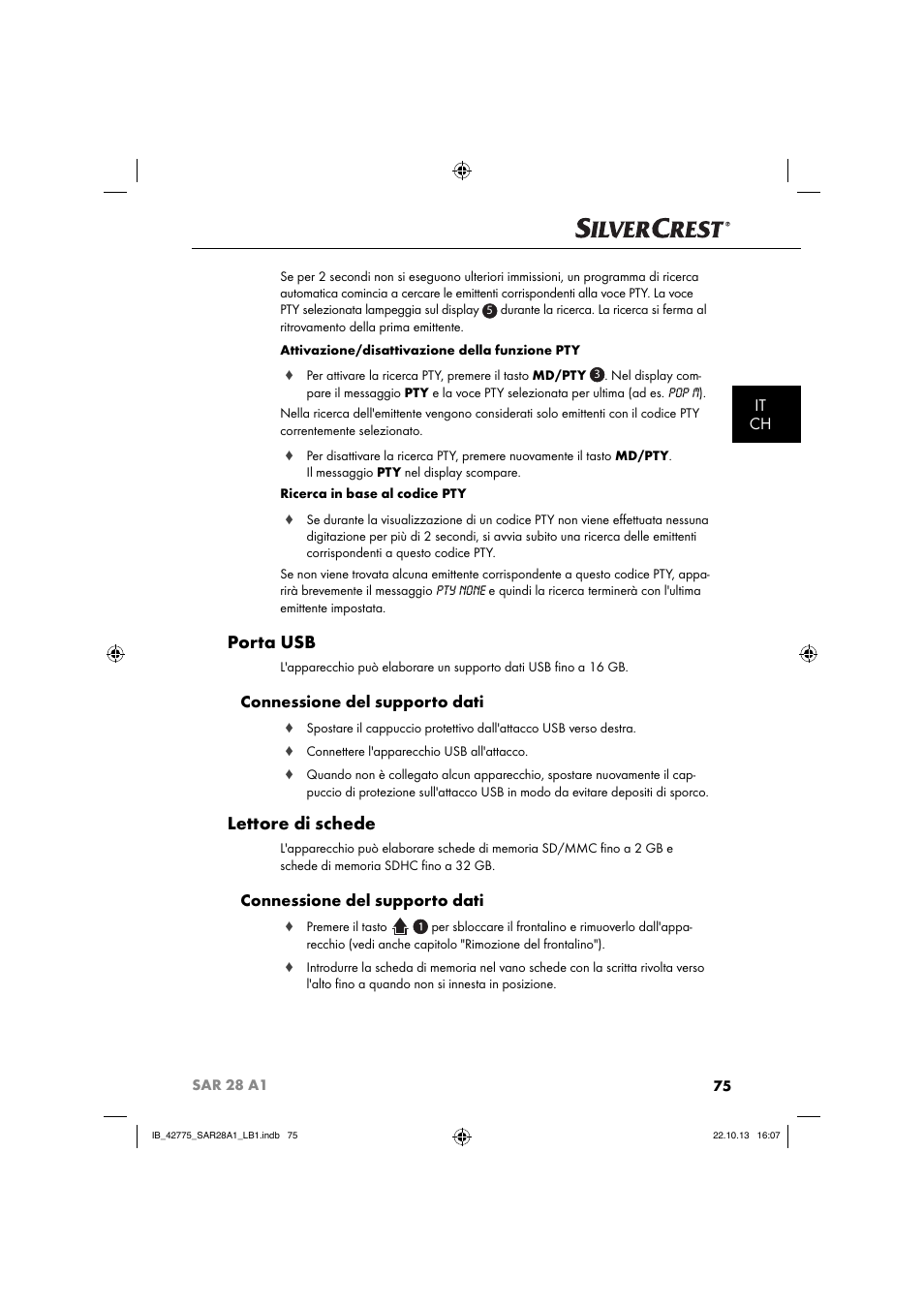 Porta usb, Lettore di schede, It ch | Connessione del supporto dati | Silvercrest SAR 28 A1 User Manual | Page 79 / 145