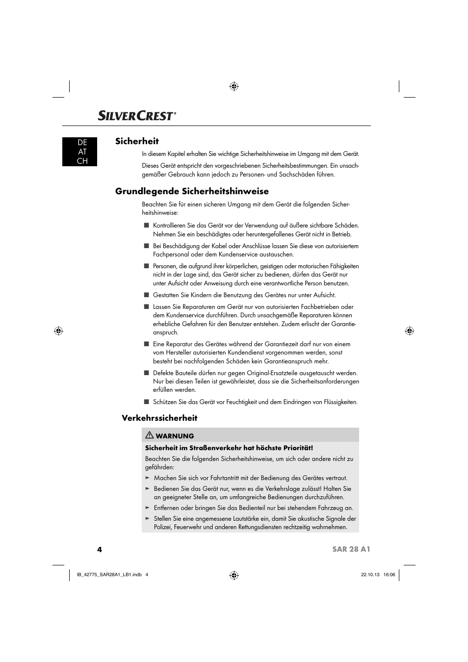 Sicherheit, Grundlegende sicherheitshinweise, De at ch | Verkehrssicherheit | Silvercrest SAR 28 A1 User Manual | Page 8 / 145