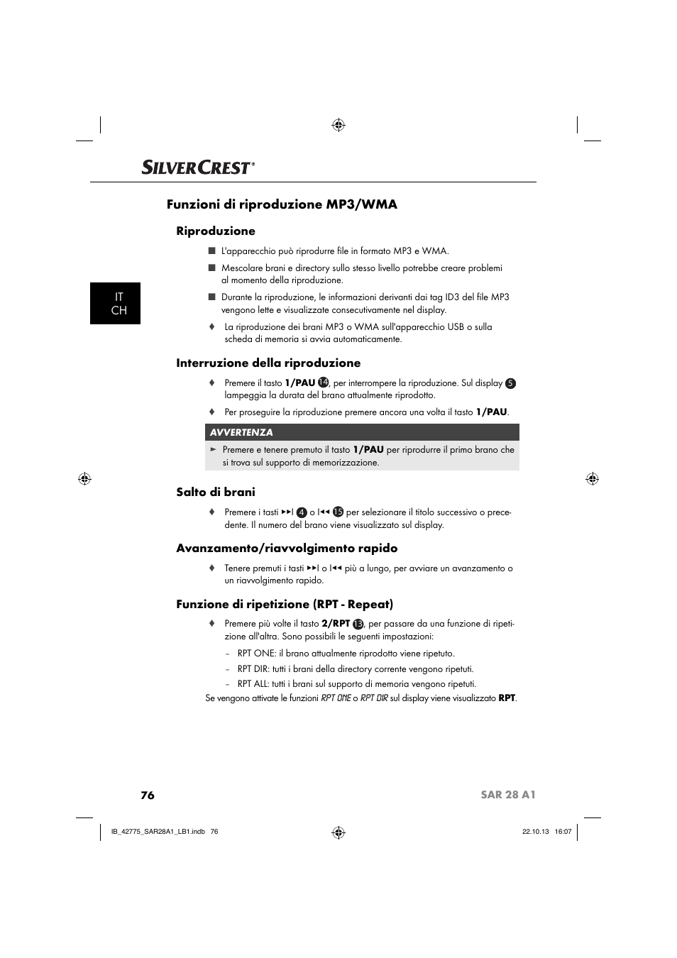 Funzioni di riproduzione mp3/wma, It ch, Riproduzione | Interruzione della riproduzione, Salto di brani, Avanzamento/riavvolgimento rapido, Funzione di ripetizione (rpt - repeat) | Silvercrest SAR 28 A1 User Manual | Page 80 / 145