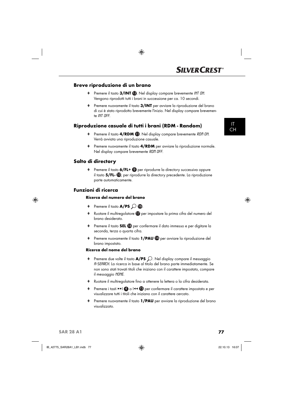 It ch breve riproduzione di un brano, Salto di directory, Funzioni di ricerca | Silvercrest SAR 28 A1 User Manual | Page 81 / 145