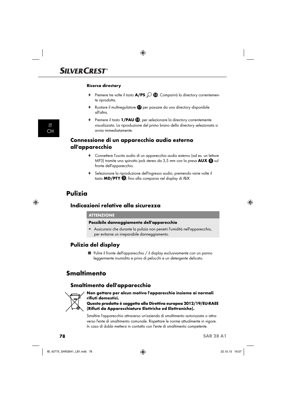 Pulizia, Smaltimento, Indicazioni relative alla sicurezza | Pulizia del display, Smaltimento dell'apparecchio, It ch | Silvercrest SAR 28 A1 User Manual | Page 82 / 145