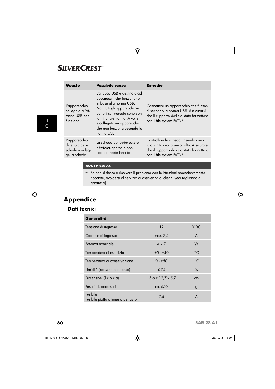 Appendice, Dati tecnici, It ch | Silvercrest SAR 28 A1 User Manual | Page 84 / 145