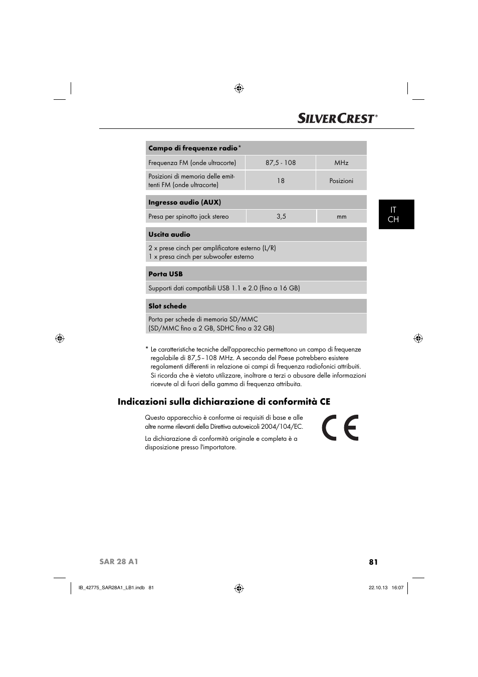 Indicazioni sulla dichiarazione di conformità ce, It ch | Silvercrest SAR 28 A1 User Manual | Page 85 / 145