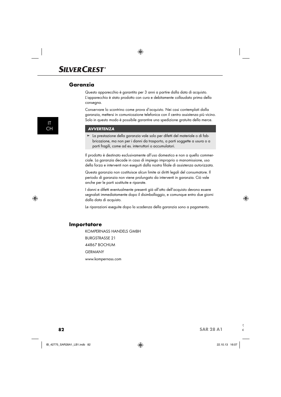 Garanzia, Importatore, It ch | Silvercrest SAR 28 A1 User Manual | Page 86 / 145