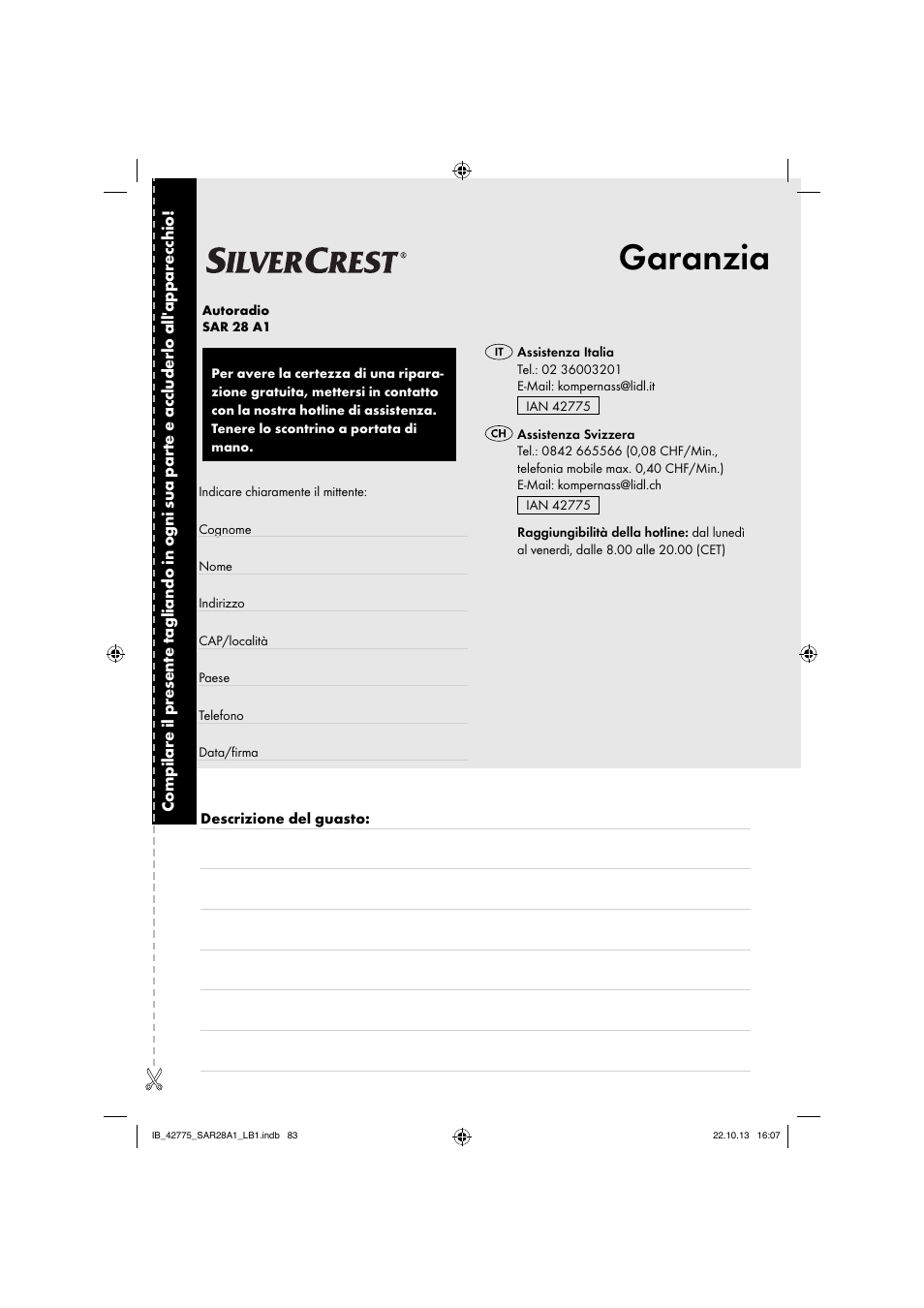 Garanzia | Silvercrest SAR 28 A1 User Manual | Page 87 / 145