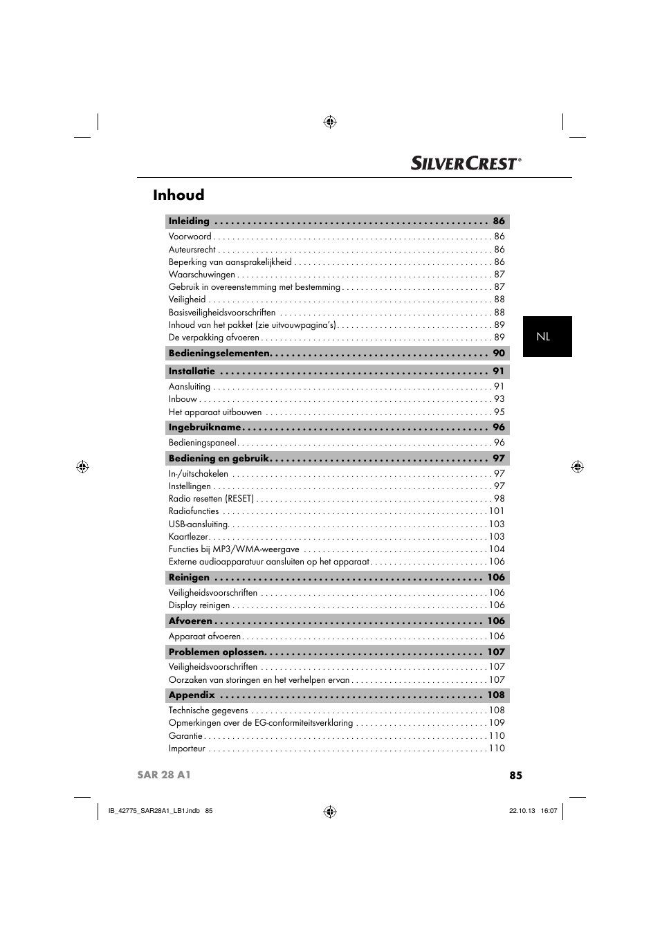 Inhoud | Silvercrest SAR 28 A1 User Manual | Page 89 / 145