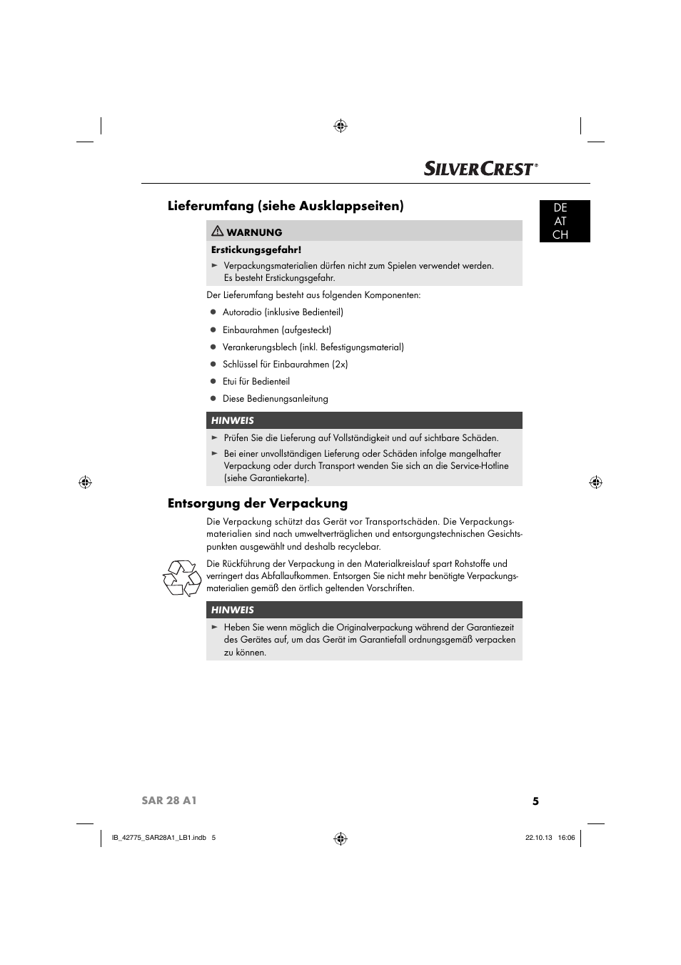 Lieferumfang (siehe ausklappseiten), Entsorgung der verpackung, De at ch | Silvercrest SAR 28 A1 User Manual | Page 9 / 145