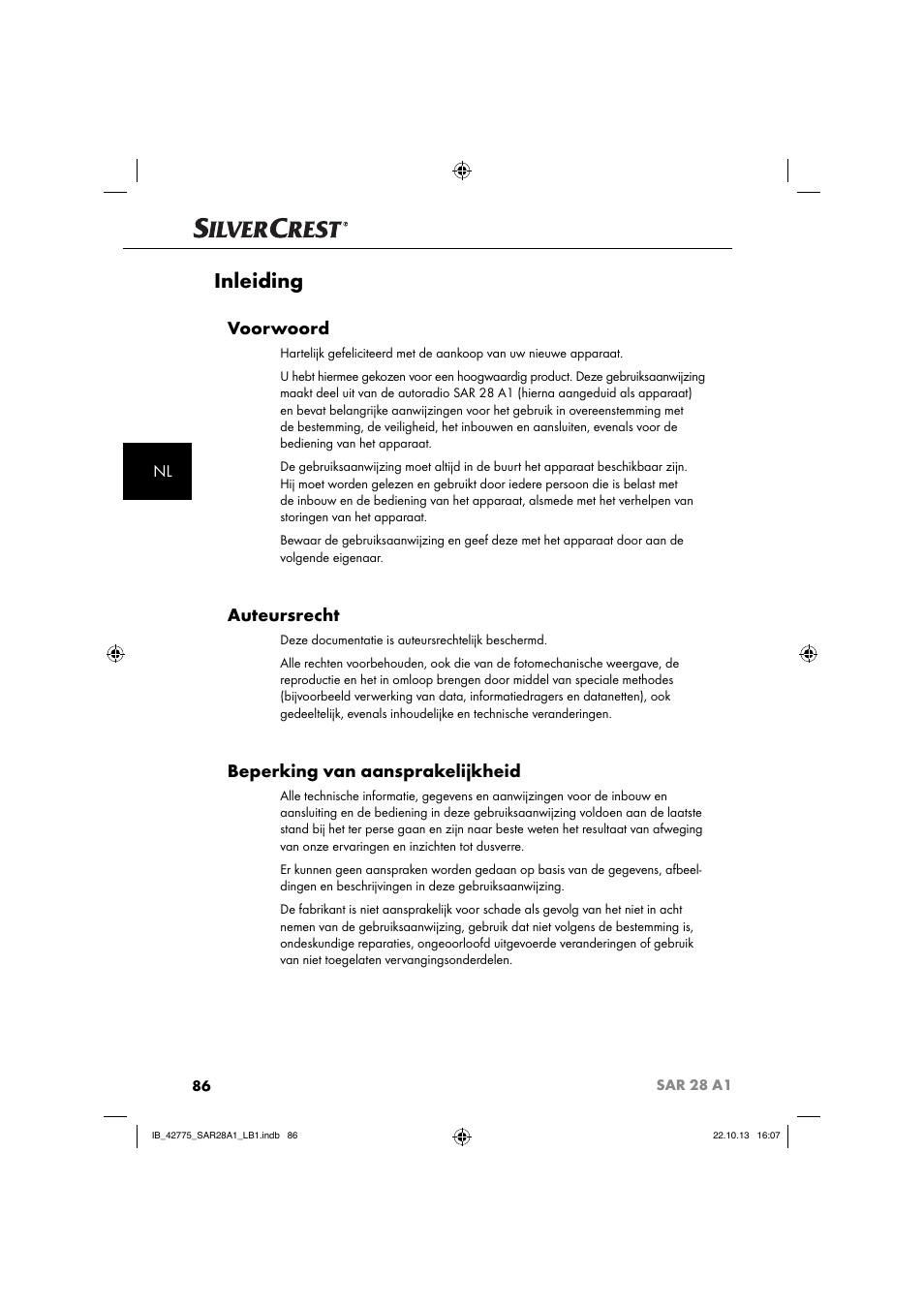 Inleiding, Voorwoord, Auteursrecht | Beperking van aansprakelijkheid | Silvercrest SAR 28 A1 User Manual | Page 90 / 145