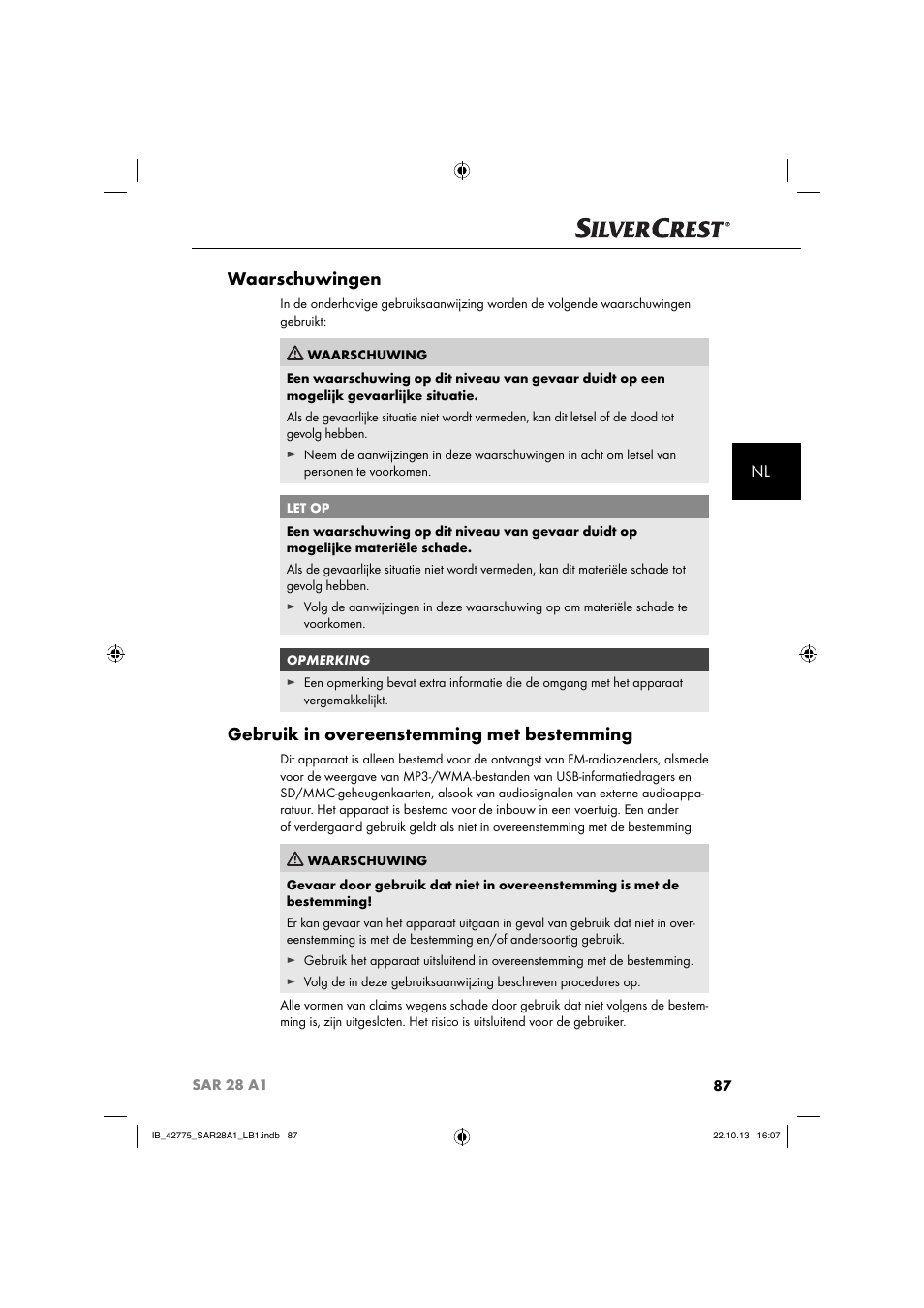 Waarschuwingen, Gebruik in overeenstemming met bestemming | Silvercrest SAR 28 A1 User Manual | Page 91 / 145