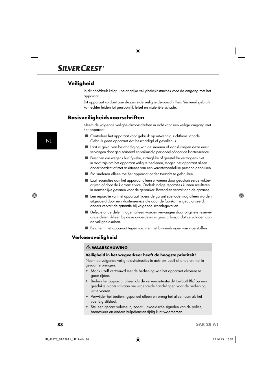 Veiligheid, Basisveiligheidsvoorschriften, Verkeersveiligheid | Silvercrest SAR 28 A1 User Manual | Page 92 / 145