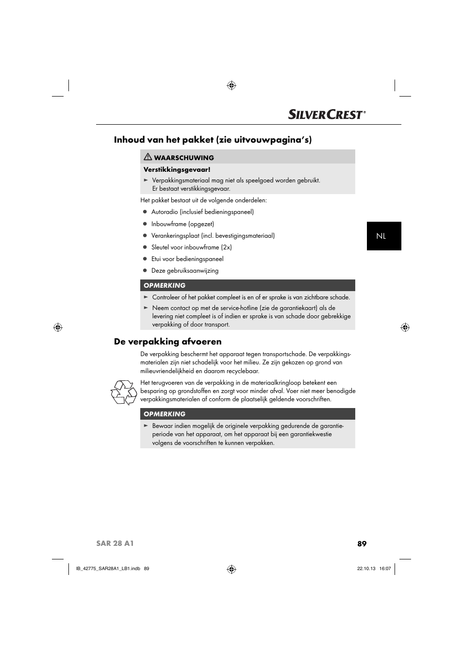 Inhoud van het pakket (zie uitvouwpagina’s), De verpakking afvoeren | Silvercrest SAR 28 A1 User Manual | Page 93 / 145