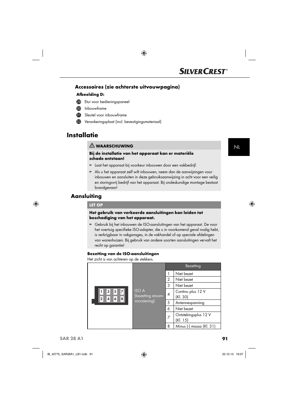 Installatie, Aansluiting, Nl accessoires (zie achterste uitvouwpagina) | Silvercrest SAR 28 A1 User Manual | Page 95 / 145