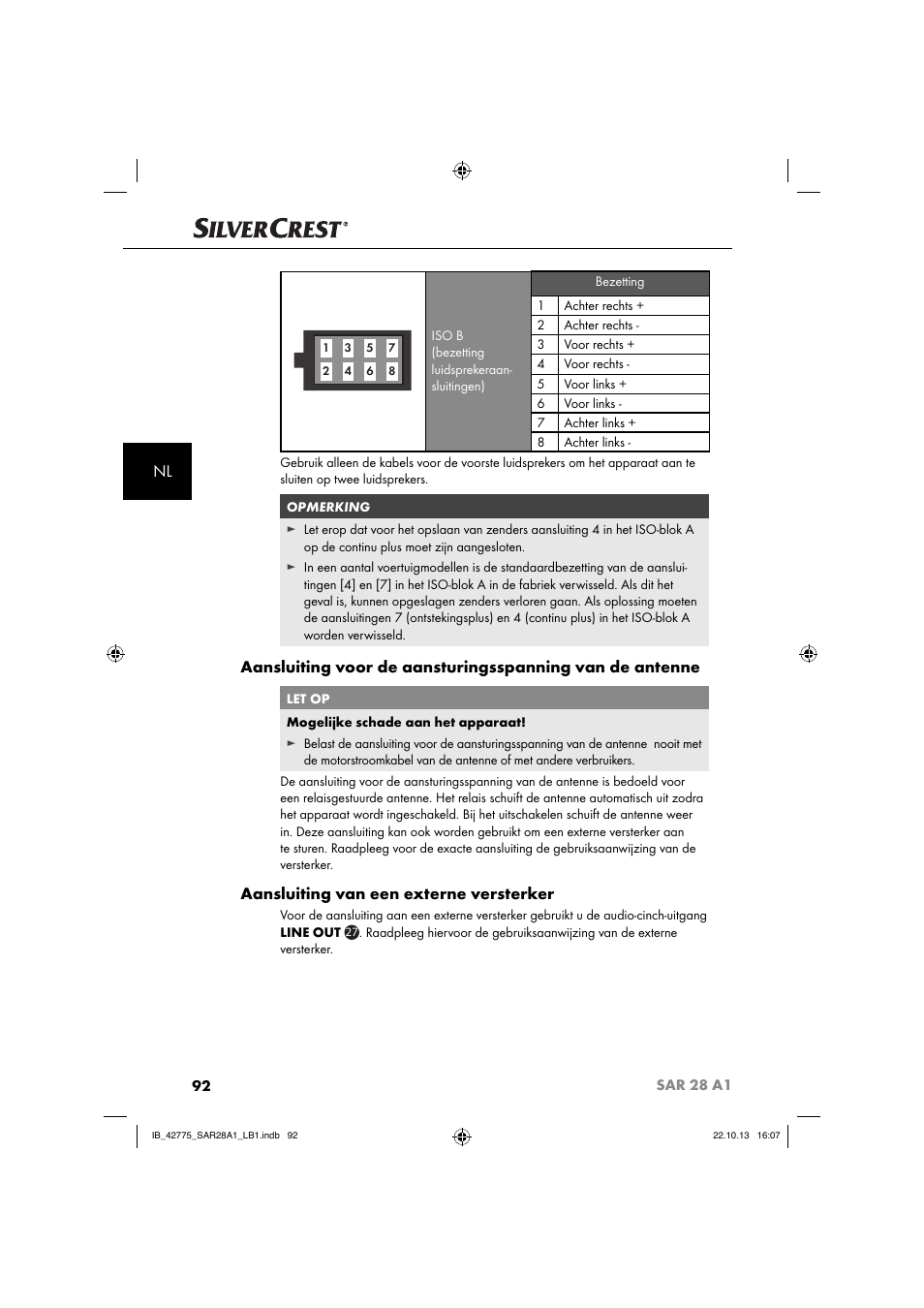 Aansluiting van een externe versterker | Silvercrest SAR 28 A1 User Manual | Page 96 / 145