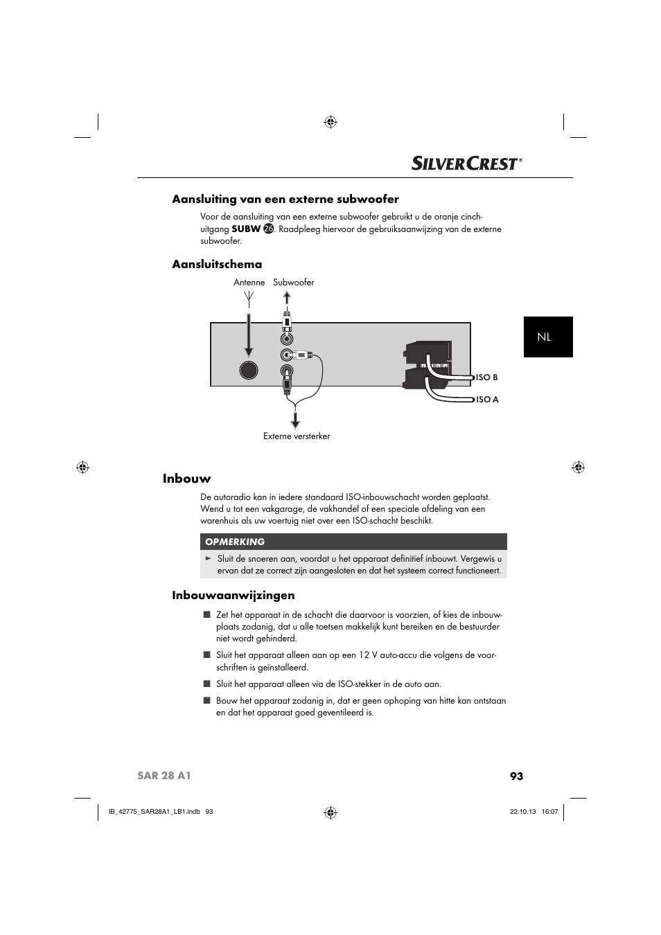 Inbouw, Nl aansluiting van een externe subwoofer, Aansluitschema | Inbouwaanwijzingen | Silvercrest SAR 28 A1 User Manual | Page 97 / 145