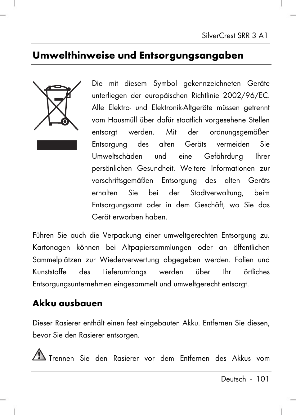Umwelthinweise und entsorgungsangaben, Akku ausbauen | Silvercrest SRR 3 A1 User Manual | Page 103 / 110