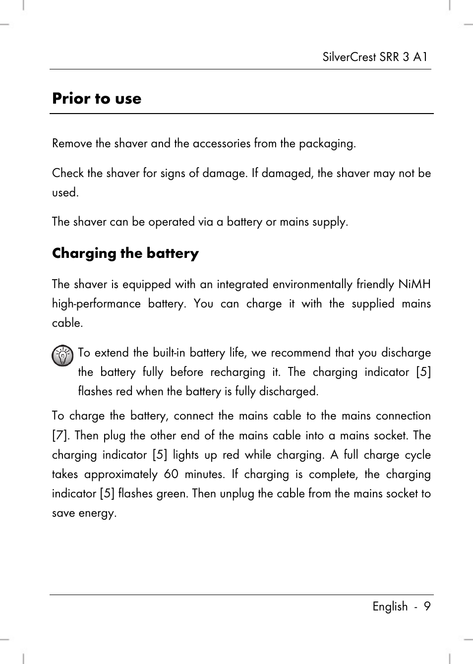Prior to use, Charging the battery | Silvercrest SRR 3 A1 User Manual | Page 11 / 110