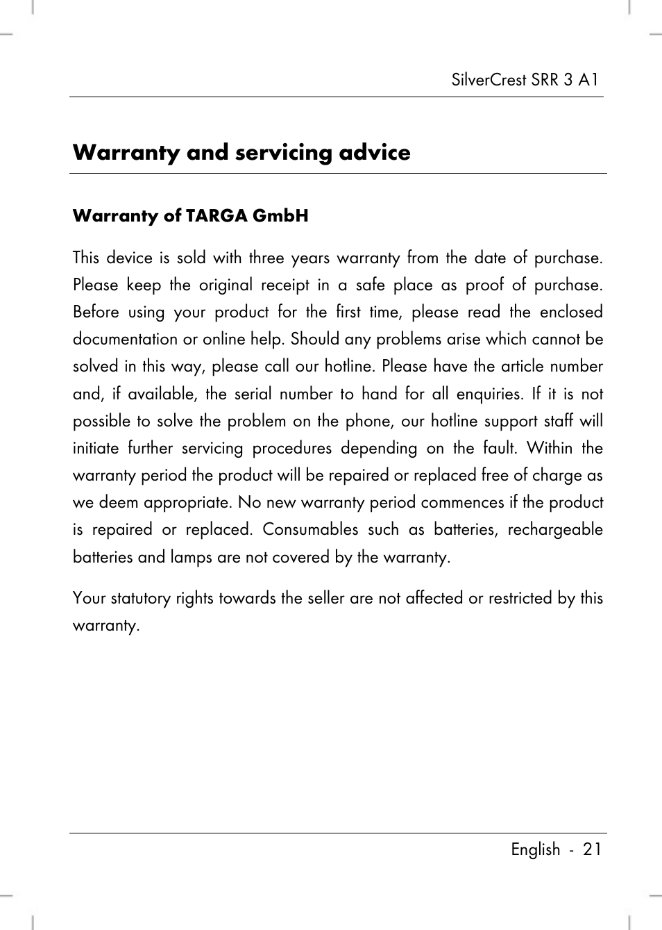 Warranty and servicing advice | Silvercrest SRR 3 A1 User Manual | Page 23 / 110