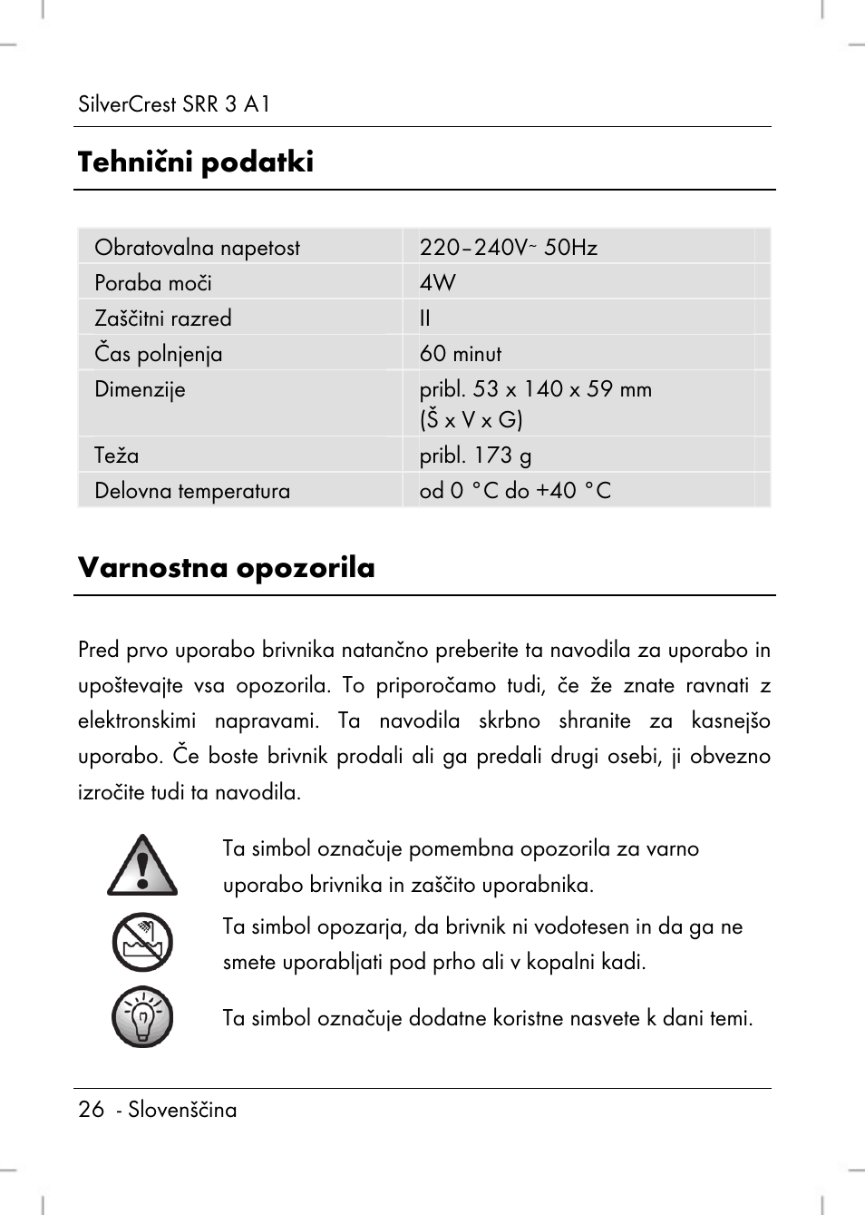 Tehnični podatki, Varnostna opozorila | Silvercrest SRR 3 A1 User Manual | Page 28 / 110