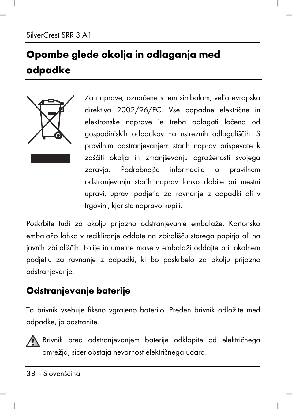 Opombe glede okolja in odlaganja med odpadke | Silvercrest SRR 3 A1 User Manual | Page 40 / 110