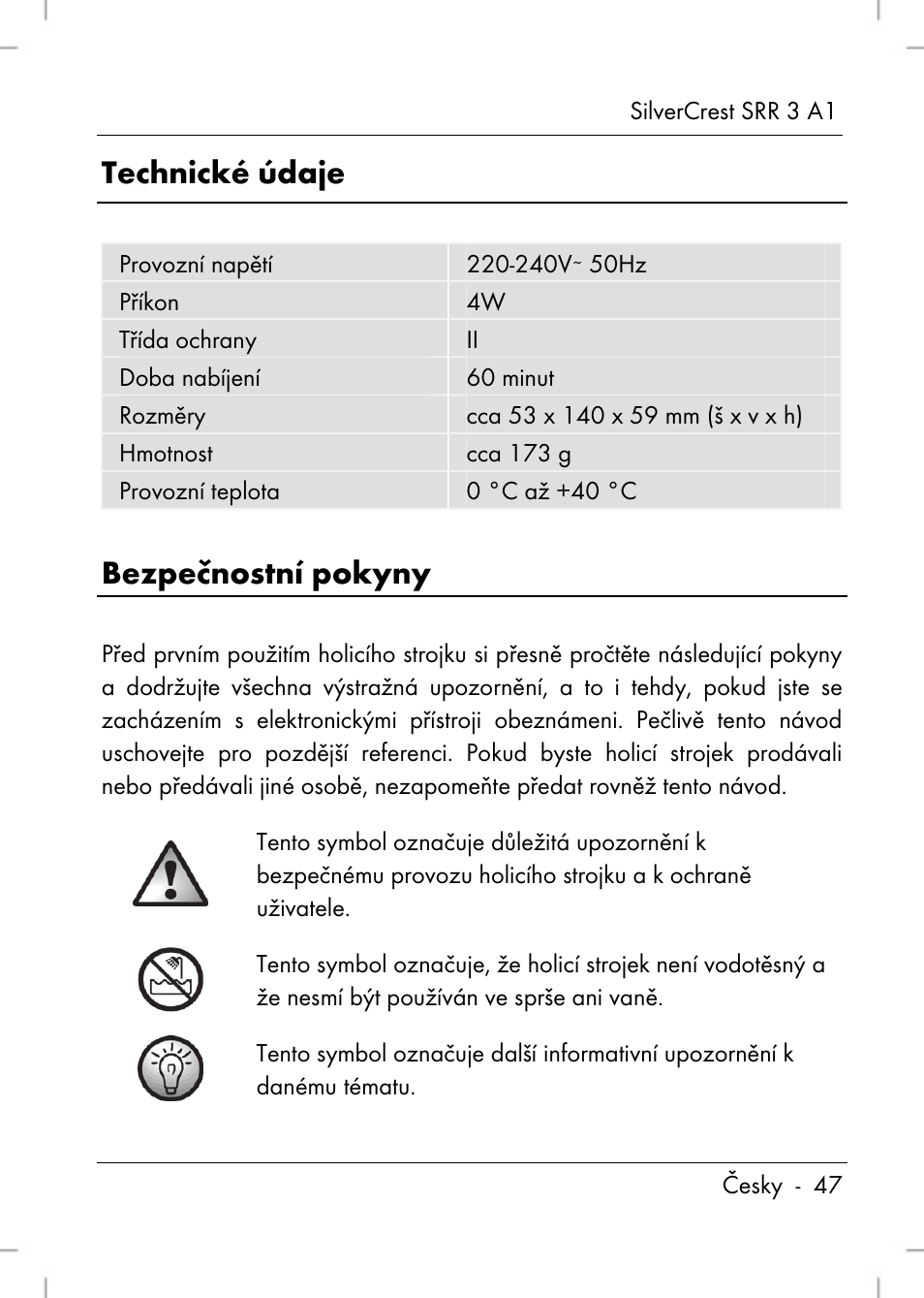 Technické údaje, Bezpečnostní pokyny | Silvercrest SRR 3 A1 User Manual | Page 49 / 110