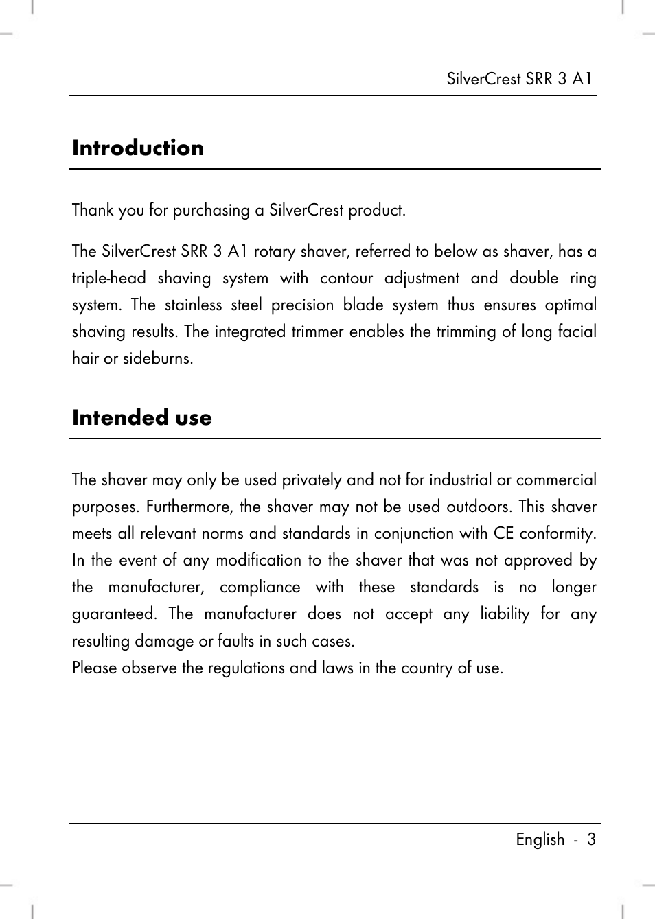 Introduction, Intended use | Silvercrest SRR 3 A1 User Manual | Page 5 / 110