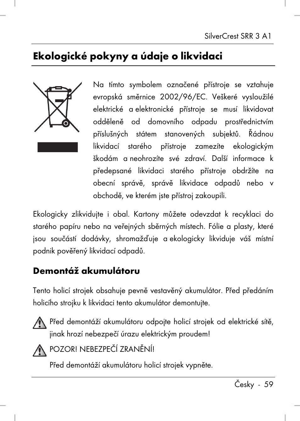 Ekologické pokyny a údaje o likvidaci, Demontáž akumulátoru | Silvercrest SRR 3 A1 User Manual | Page 61 / 110