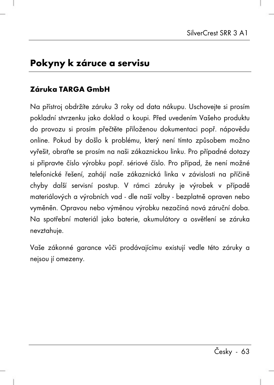 Pokyny k záruce a servisu | Silvercrest SRR 3 A1 User Manual | Page 65 / 110