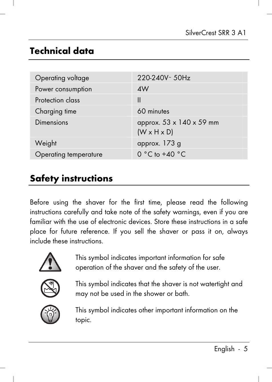 Technical data, Safety instructions | Silvercrest SRR 3 A1 User Manual | Page 7 / 110