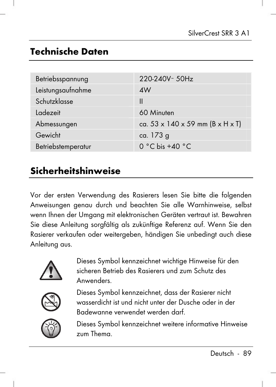 Technische daten, Sicherheitshinweise | Silvercrest SRR 3 A1 User Manual | Page 91 / 110
