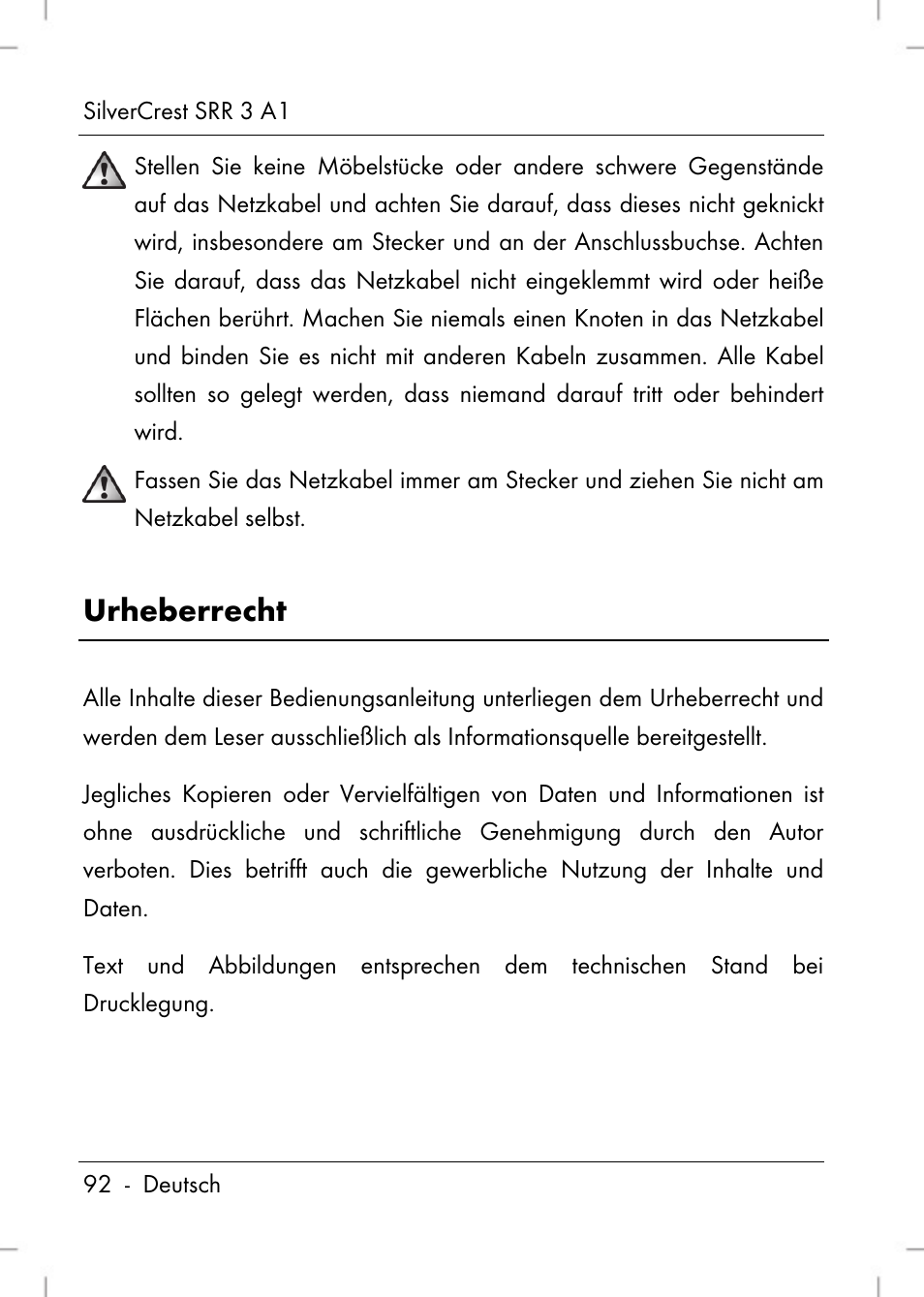 Urheberrecht | Silvercrest SRR 3 A1 User Manual | Page 94 / 110